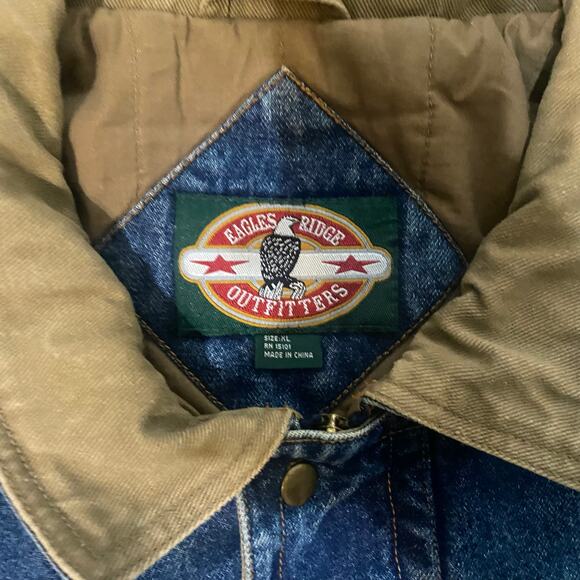 Vintage Distressed Denim Eagles Ridge Bomber Jacket Beige Accents Size XL - Picture 7 of 8